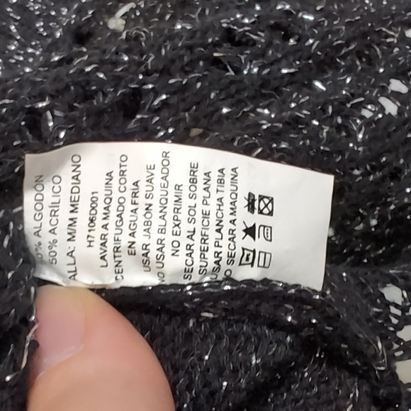 Black Silver Metallic Knit Dress with Pompom Front Vneck Size Medium - Picture 6 of 6